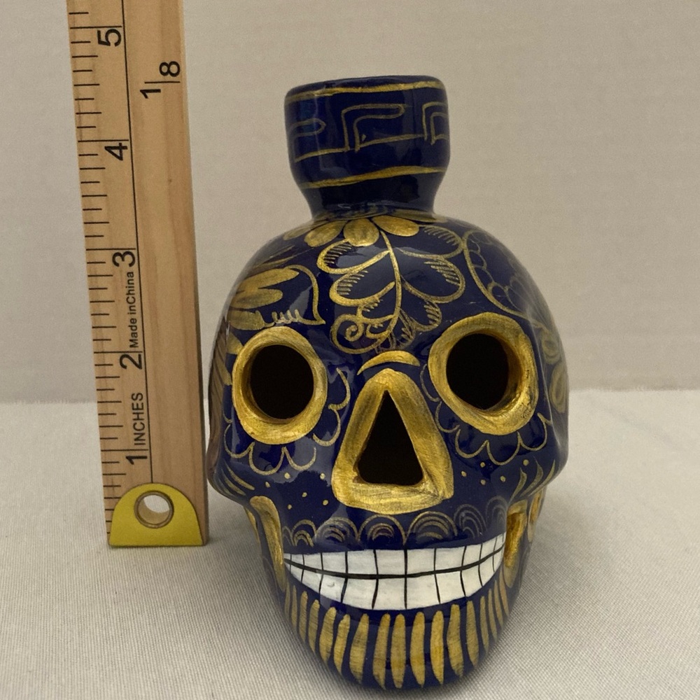 Blue & Gold Ceramic Sugar Skull Vase | Day of the Dead Decor | Hand Painted - Picture 7 of 9